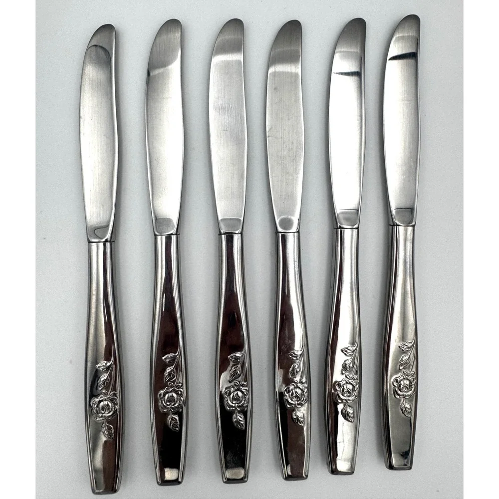Lot of 6 Vintage Oneida Lasting Rose Stainless Steel Dinner Knives 8.5